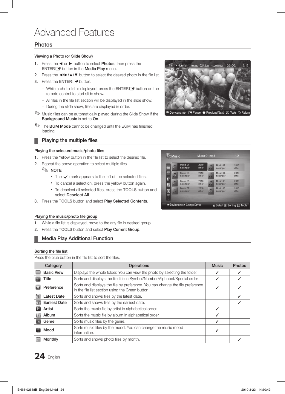 Advanced features, Photos, Playing the multiple files | Media play additional function | Samsung LE19C350D1W User Manual | Page 24 / 134