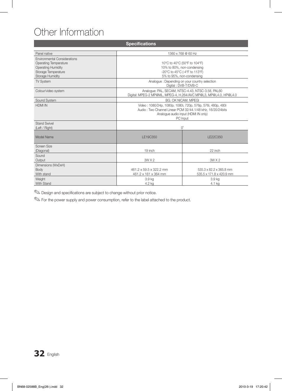 Other information | Samsung LE19C350D1W User Manual | Page 32 / 134