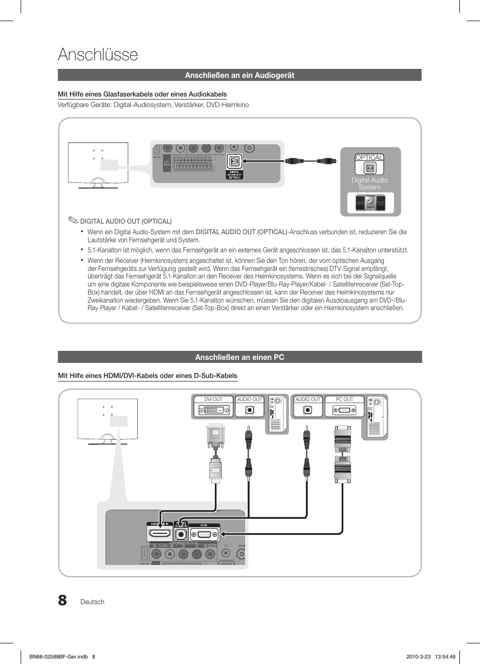 Anschlüsse, Anschließen an ein audiogerät, Anschließen an einen pc | Samsung LE19C350D1W User Manual | Page 41 / 134