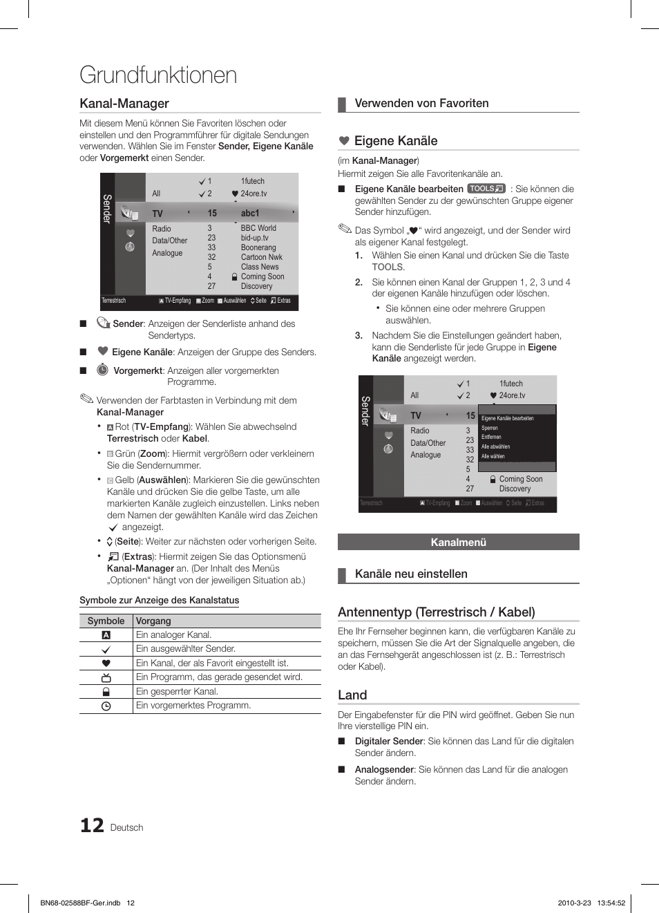 Grundfunktionen, Kanal-manager, Eigene kanäle | Antennentyp (terrestrisch / kabel), Land | Samsung LE19C350D1W User Manual | Page 45 / 134