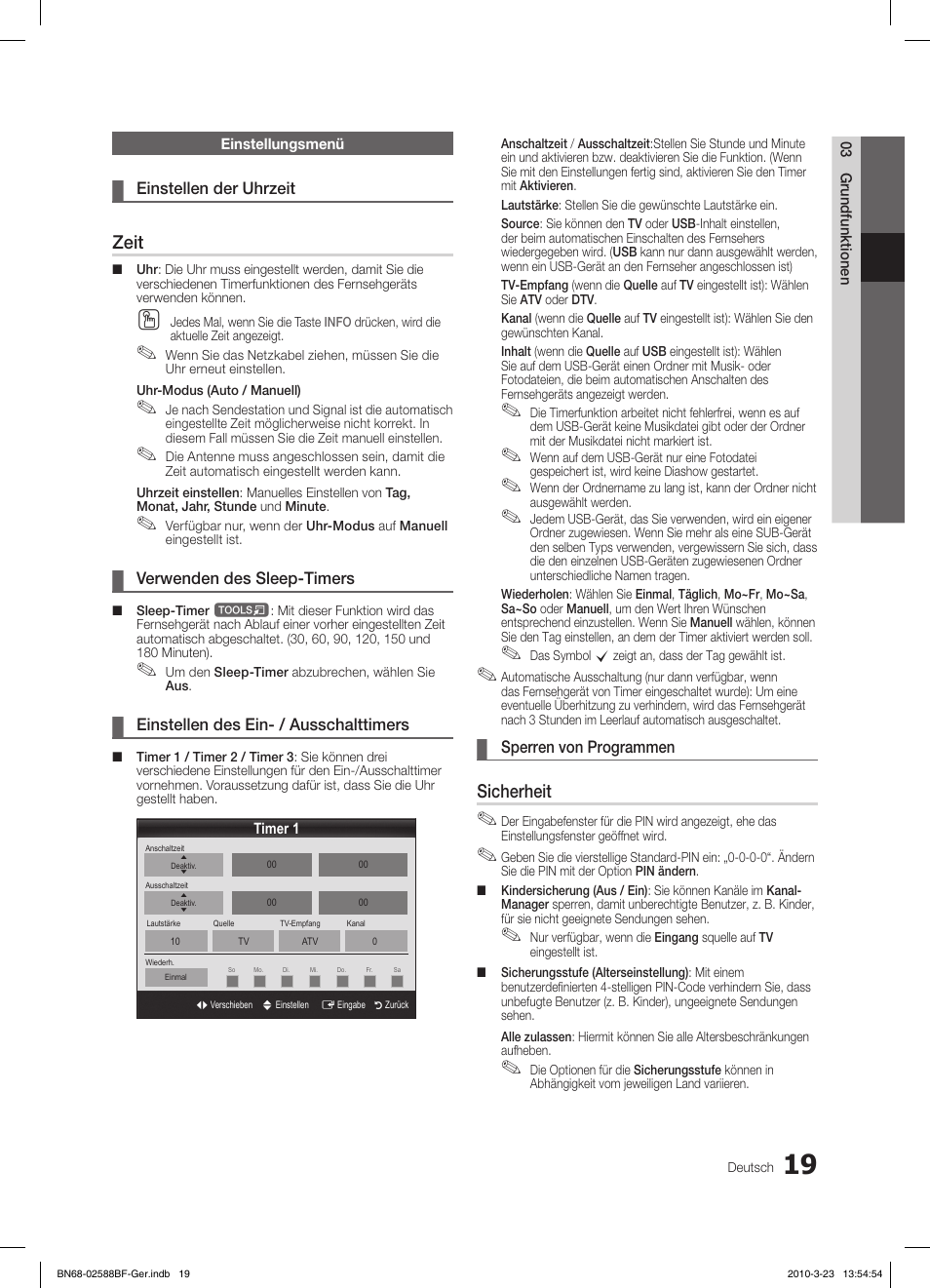 Zeit, Sicherheit | Samsung LE19C350D1W User Manual | Page 52 / 134