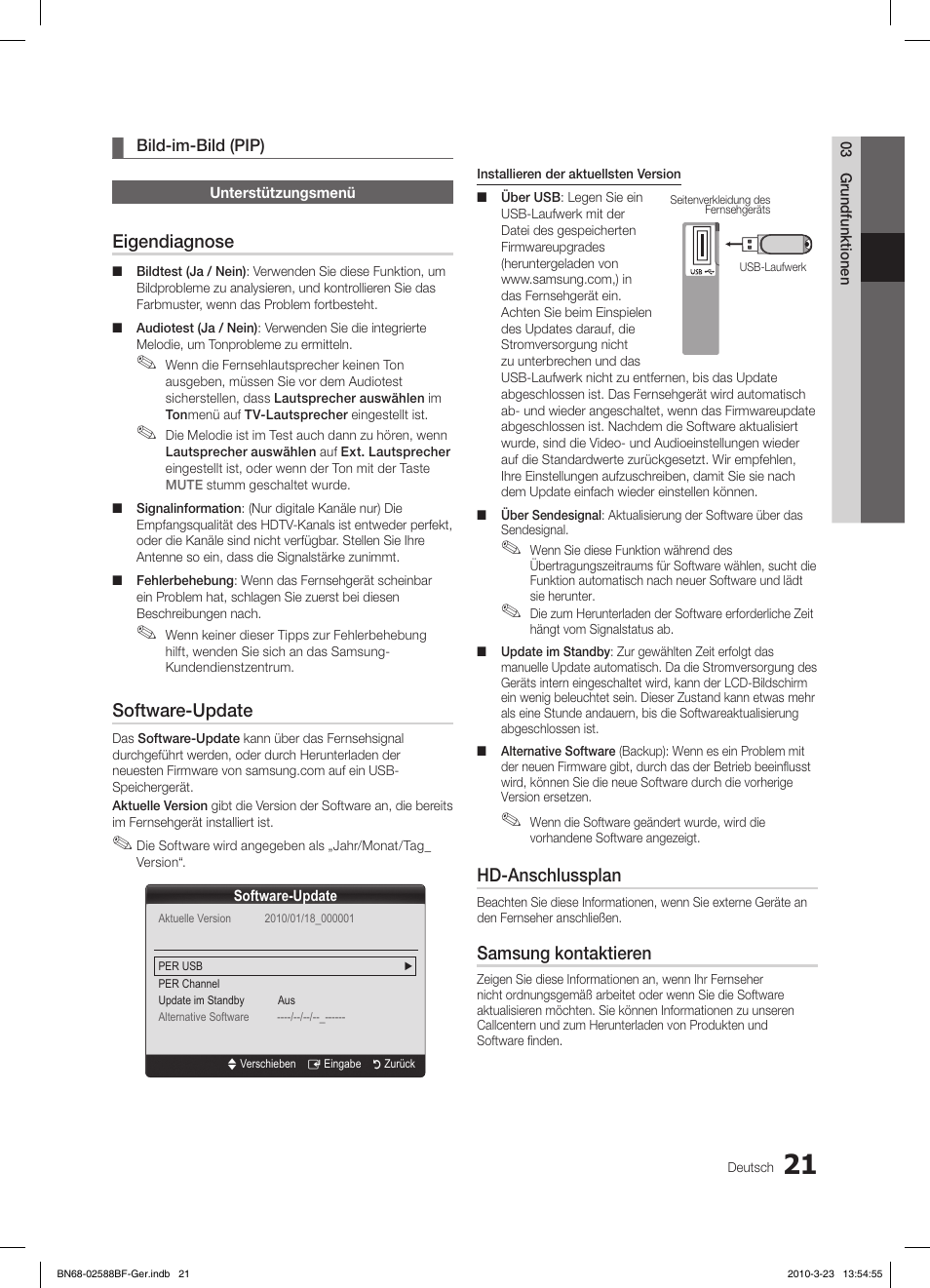 Eigendiagnose, Software-update, Hd-anschlussplan | Samsung kontaktieren | Samsung LE19C350D1W User Manual | Page 54 / 134