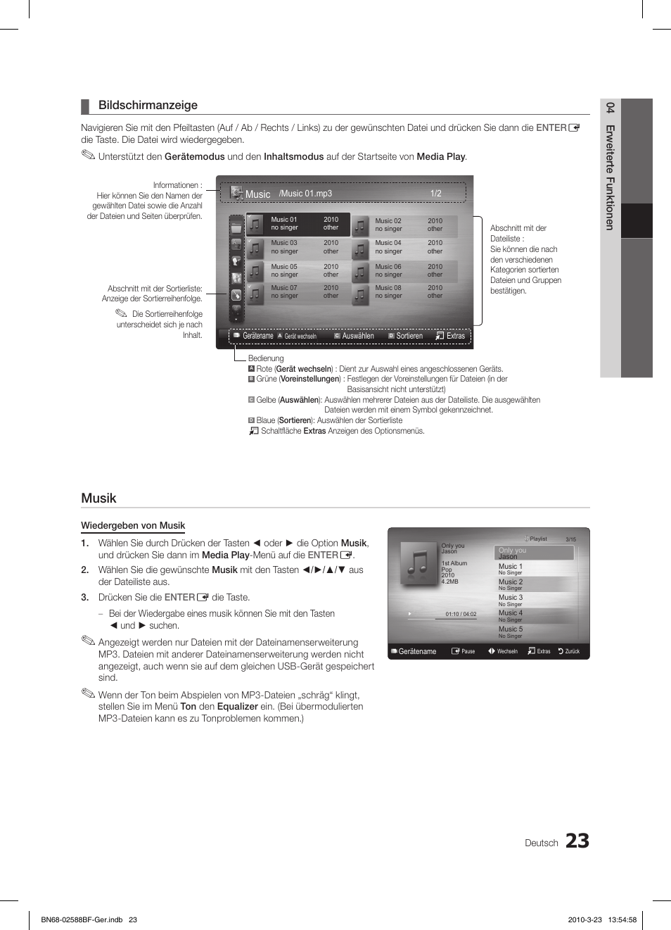 Musik, Bildschirmanzeige | Samsung LE19C350D1W User Manual | Page 56 / 134