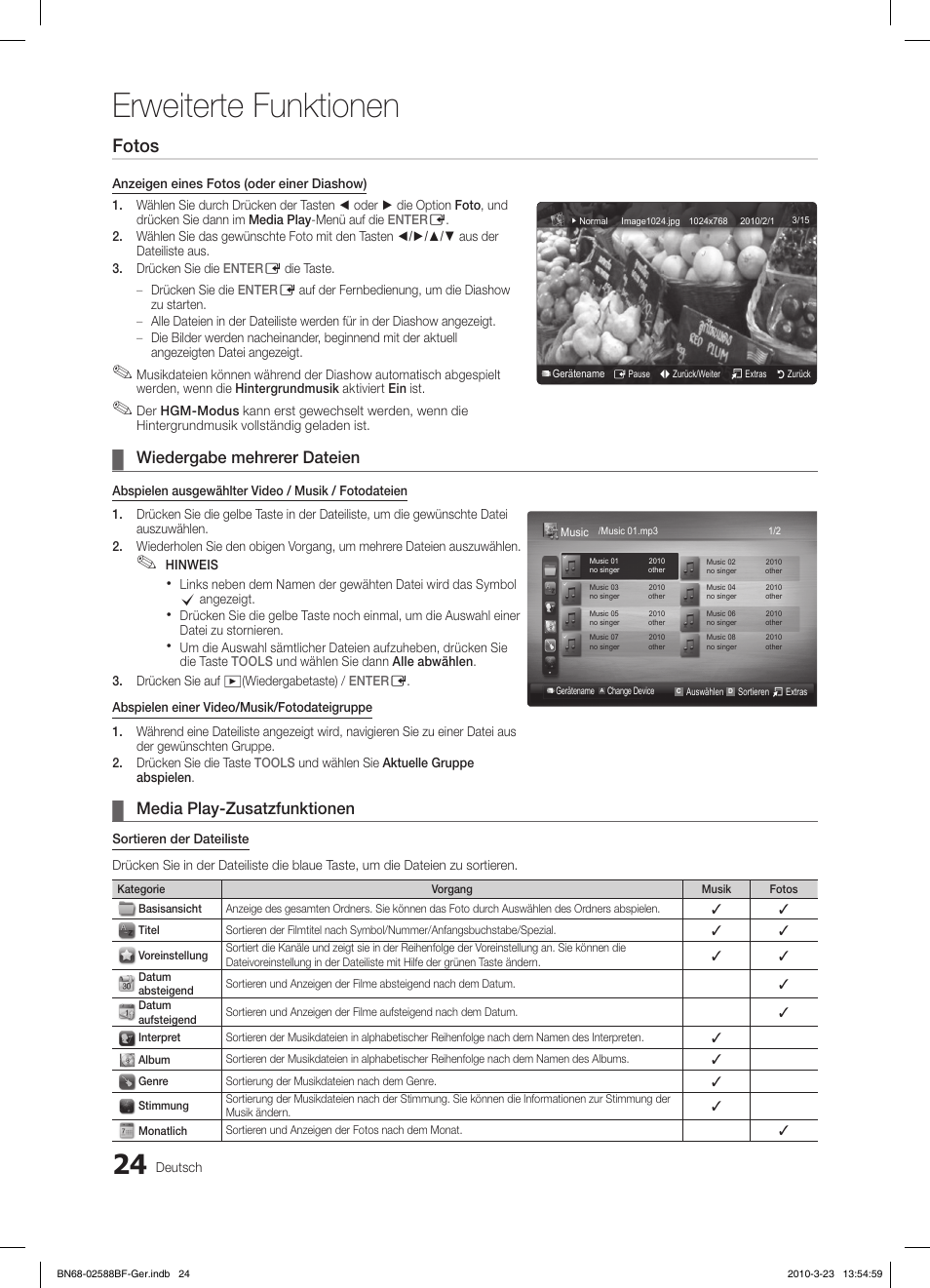 Erweiterte funktionen, Fotos, Wiedergabe mehrerer dateien | Media play-zusatzfunktionen | Samsung LE19C350D1W User Manual | Page 57 / 134