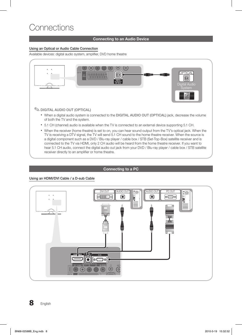Connections, Connecting to an audio device, Connecting to a pc | English, When a digital audio system is connected to the, Using an hdmi/dvi cable / a d-sub cable, Optical, Digital audio system | Samsung LE19C350D1W User Manual | Page 8 / 134