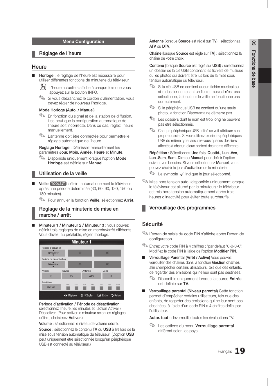 Heure, Sécurité | Samsung LE19C350D1W User Manual | Page 85 / 134