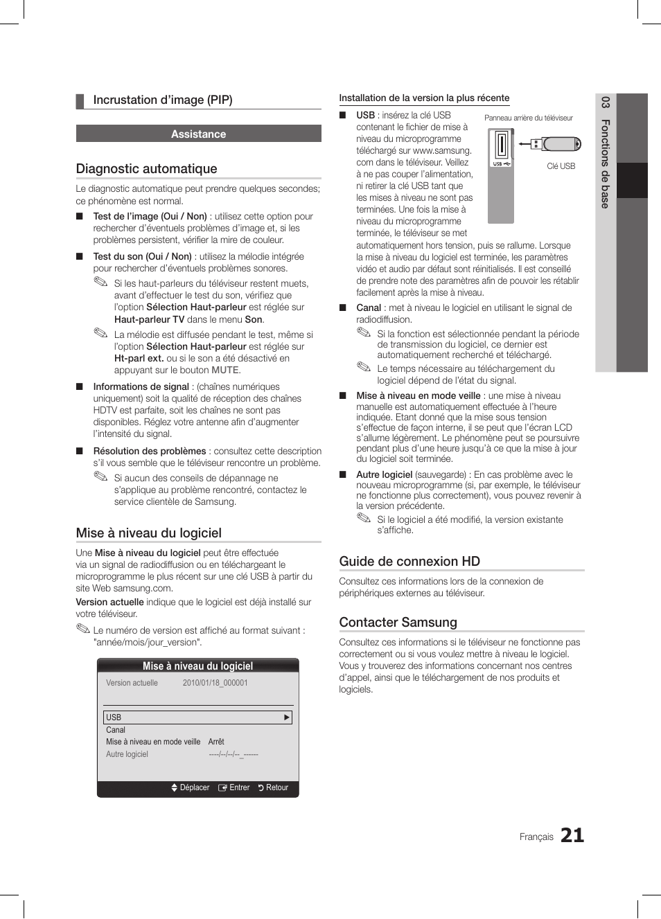 Diagnostic automatique, Mise à niveau du logiciel, Guide de connexion hd | Contacter samsung | Samsung LE19C350D1W User Manual | Page 87 / 134