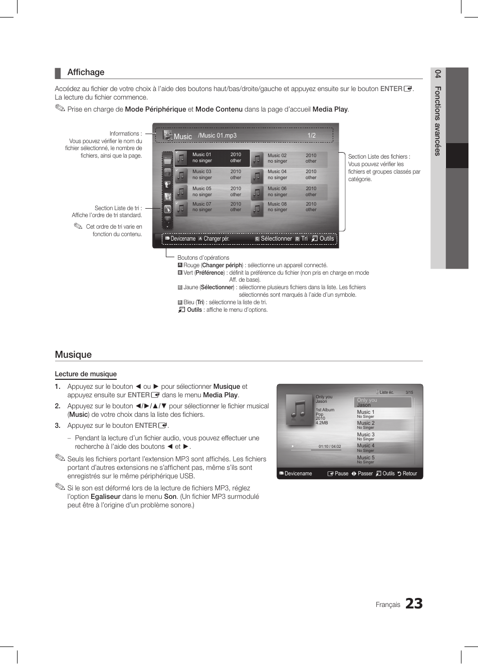 Musique, Affichage | Samsung LE19C350D1W User Manual | Page 89 / 134