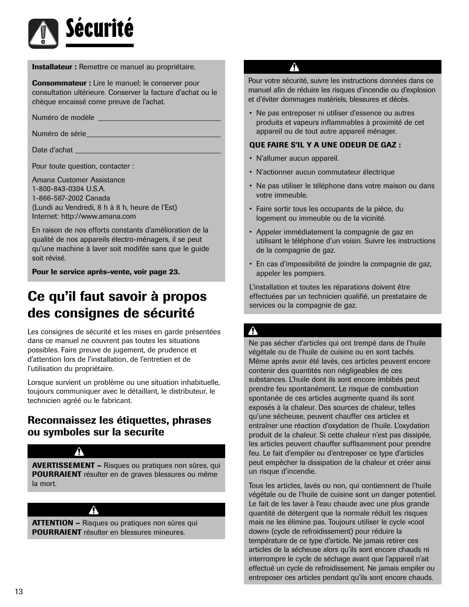 Sécurité, Avertissement, Attention | Amana Clothes Dryer User Manual | Page 14 / 36
