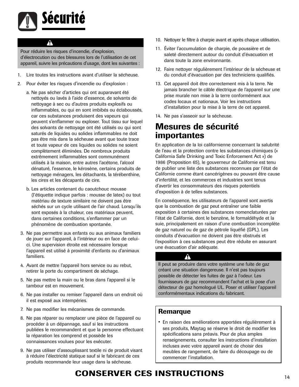 Sécurité, Mesures de sécurité importantes, Conserver ces instructions | Warning, Remarque, Avertissement | Amana Clothes Dryer User Manual | Page 15 / 36