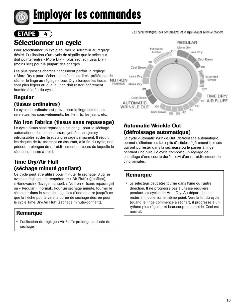 Employer les commandes, Sélectionner un cycle, Étape 4 | Amana Clothes Dryer User Manual | Page 17 / 36