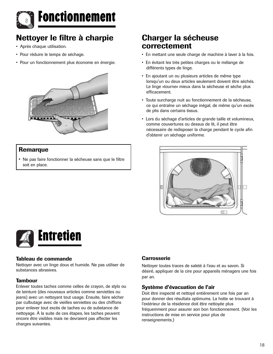 Fonctionnement, Entretien, Nettoyer le filtre à charpie | Charger la sécheuse correctement | Amana Clothes Dryer User Manual | Page 19 / 36