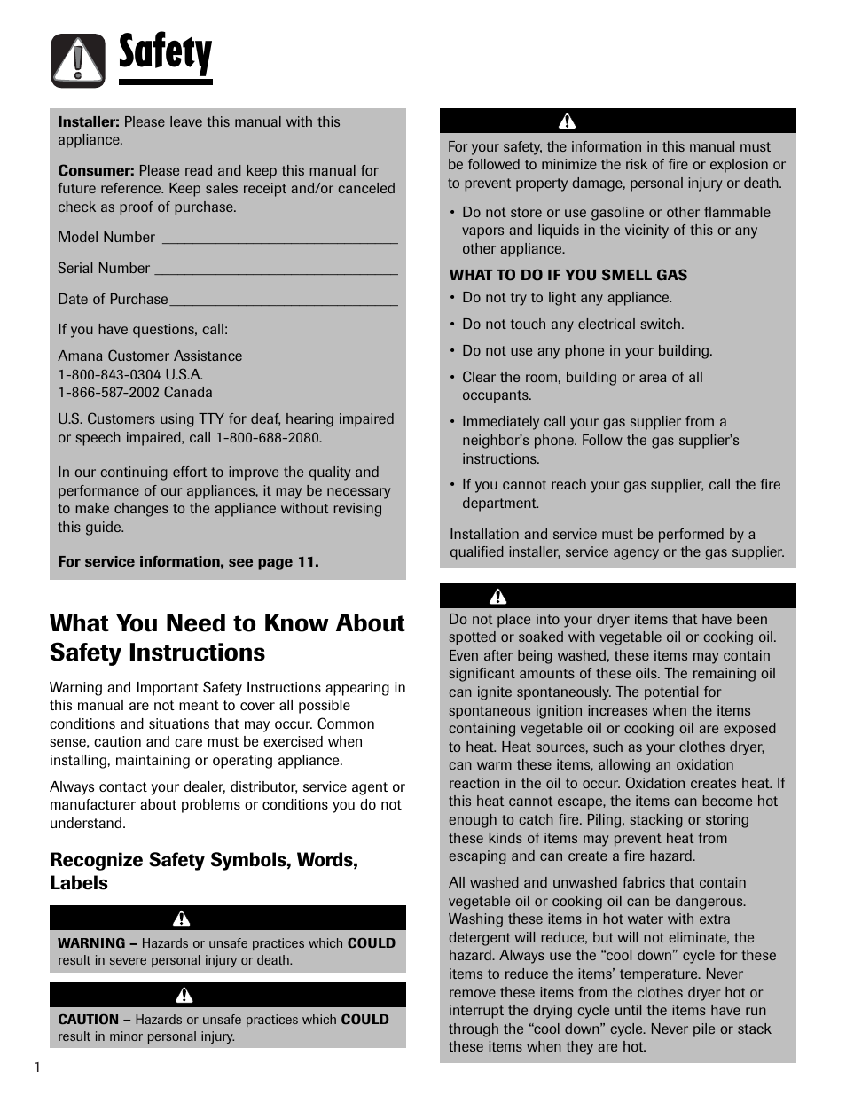 Safety, What you need to know about safety instructions | Amana Clothes Dryer User Manual | Page 2 / 36
