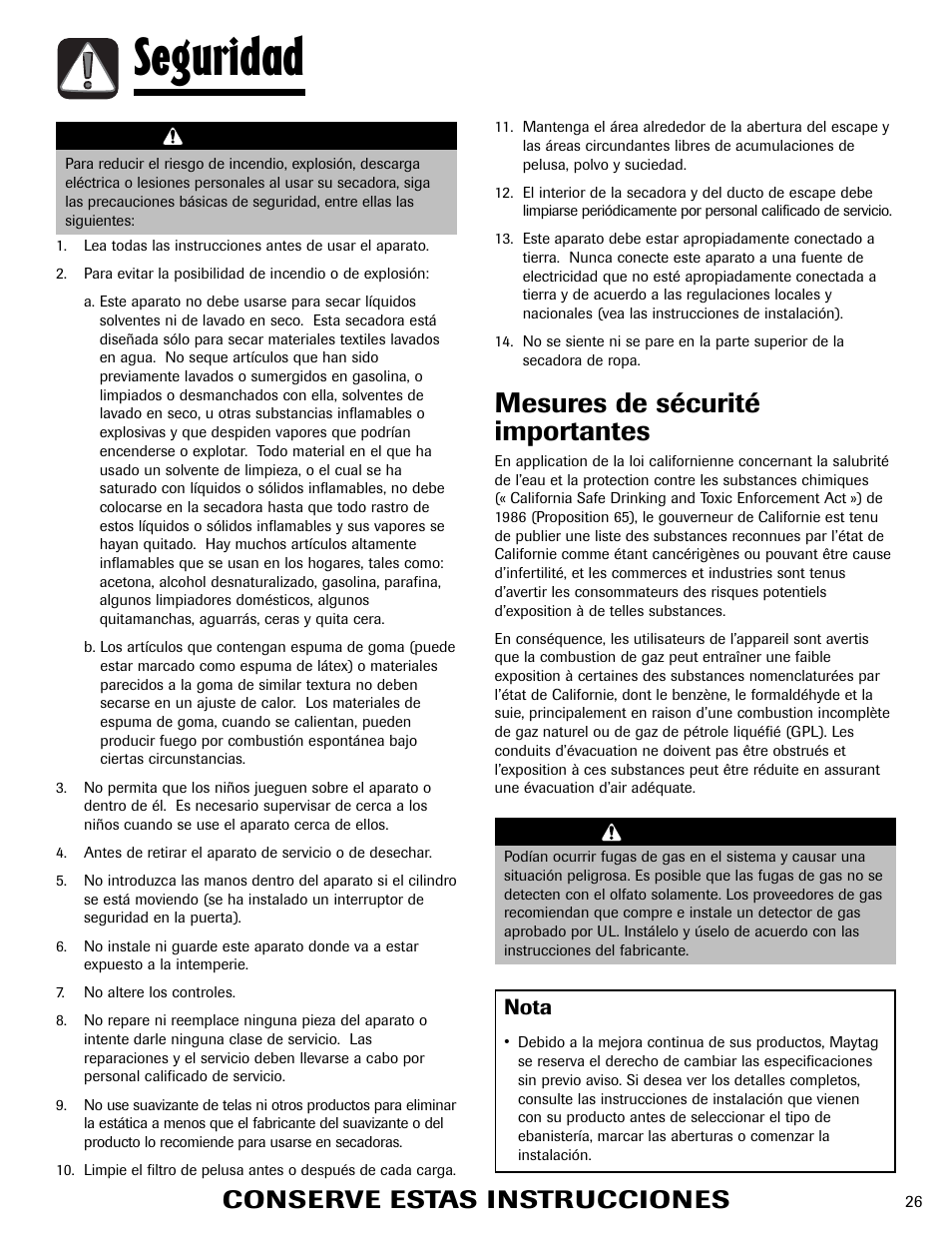 Seguridad, Mesures de sécurité importantes, Conserve estas instrucciones | Warning, Nota, Advertencia | Amana Clothes Dryer User Manual | Page 27 / 36