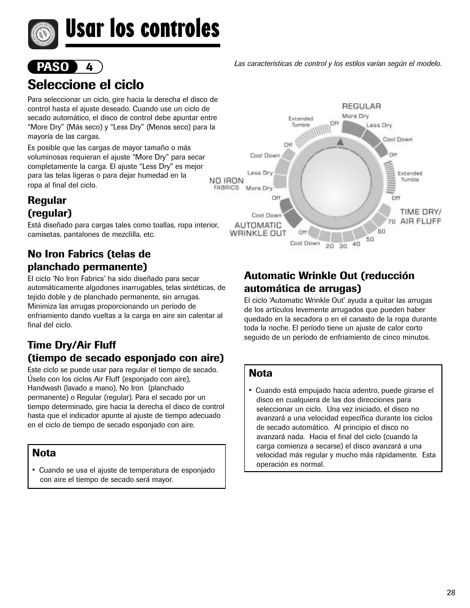 Usar los controles, Seleccione el ciclo, Paso 4 | Amana Clothes Dryer User Manual | Page 29 / 36