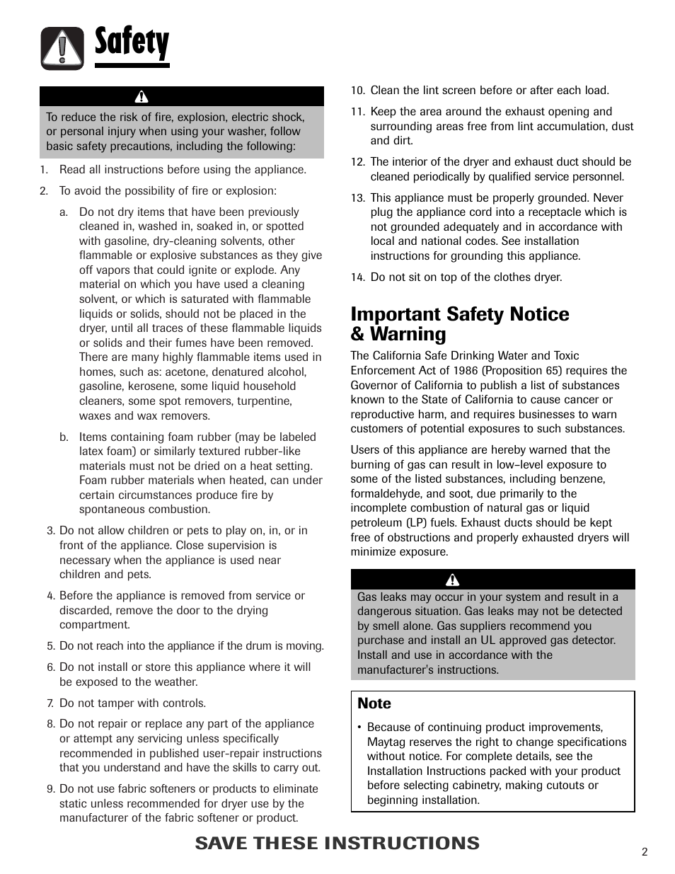 Safety, Important safety notice & warning, Save these instructions | Amana Clothes Dryer User Manual | Page 3 / 36