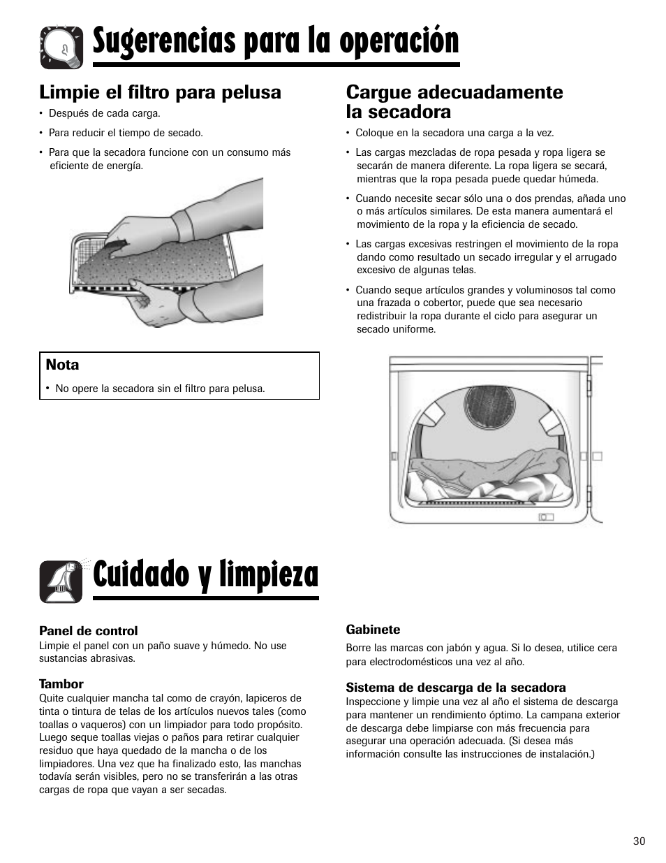 Sugerencias para la operación, Cuidado y limpieza, Limpie el filtro para pelusa | Cargue adecuadamente la secadora | Amana Clothes Dryer User Manual | Page 31 / 36