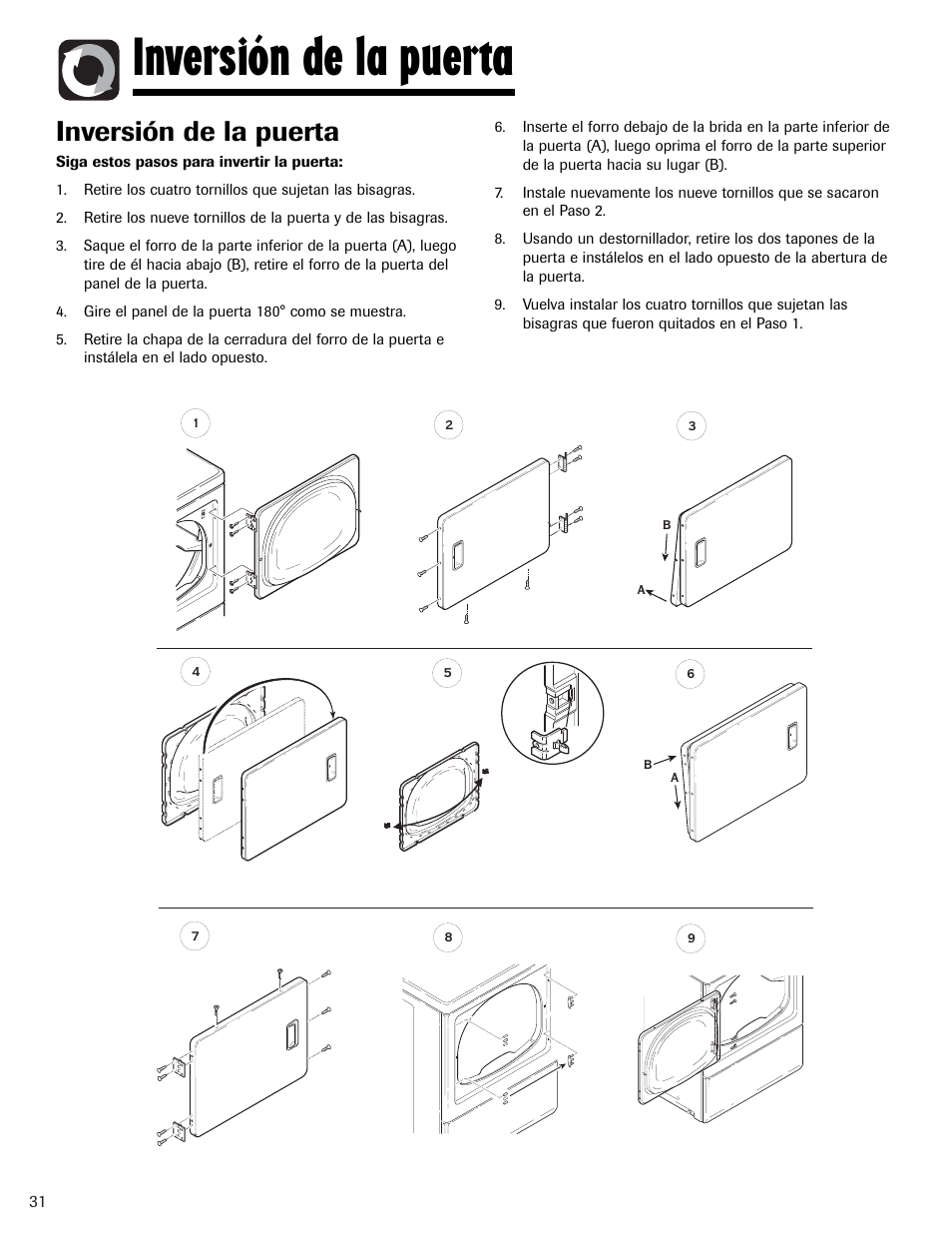 Inversión de la puerta | Amana Clothes Dryer User Manual | Page 32 / 36