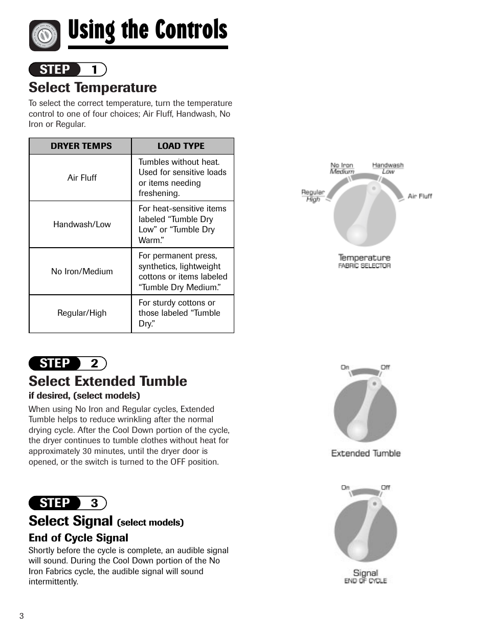 Using the controls, Select temperature, Select extended tumble | Select signal | Amana Clothes Dryer User Manual | Page 4 / 36
