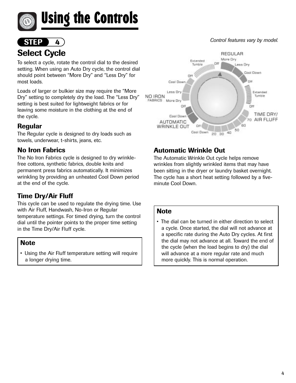 Using the controls, Select cycle | Amana Clothes Dryer User Manual | Page 5 / 36