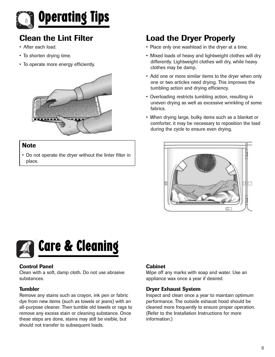 Operating tips, Care & cleaning, Clean the lint filter | Load the dryer properly | Amana Clothes Dryer User Manual | Page 7 / 36