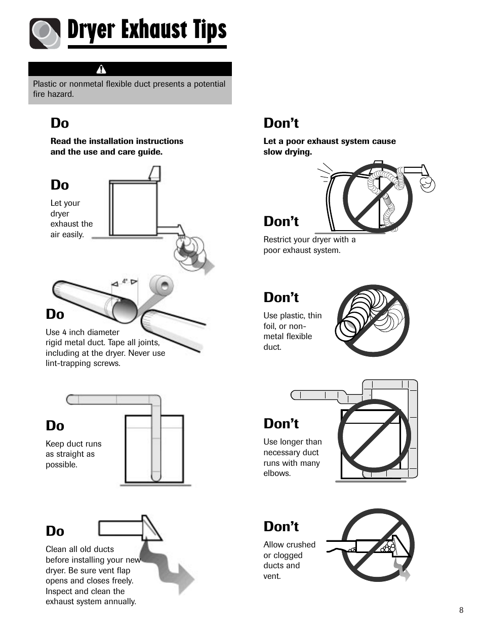 Dryer exhaust tips, Don’t | Amana Clothes Dryer User Manual | Page 9 / 36
