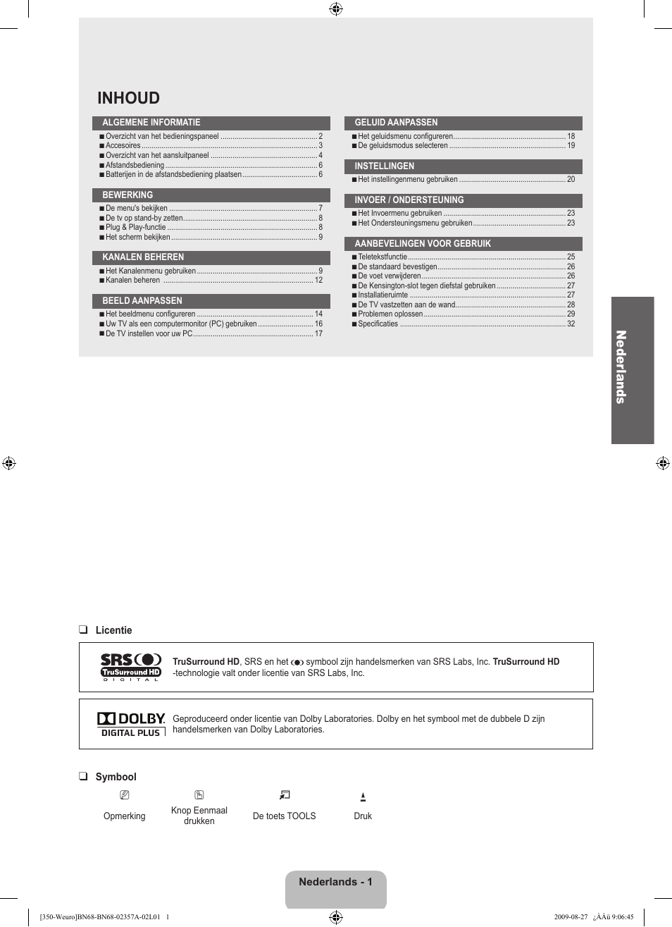Inhoud, Neder lands | Samsung LE22B350F2W User Manual | Page 105 / 314