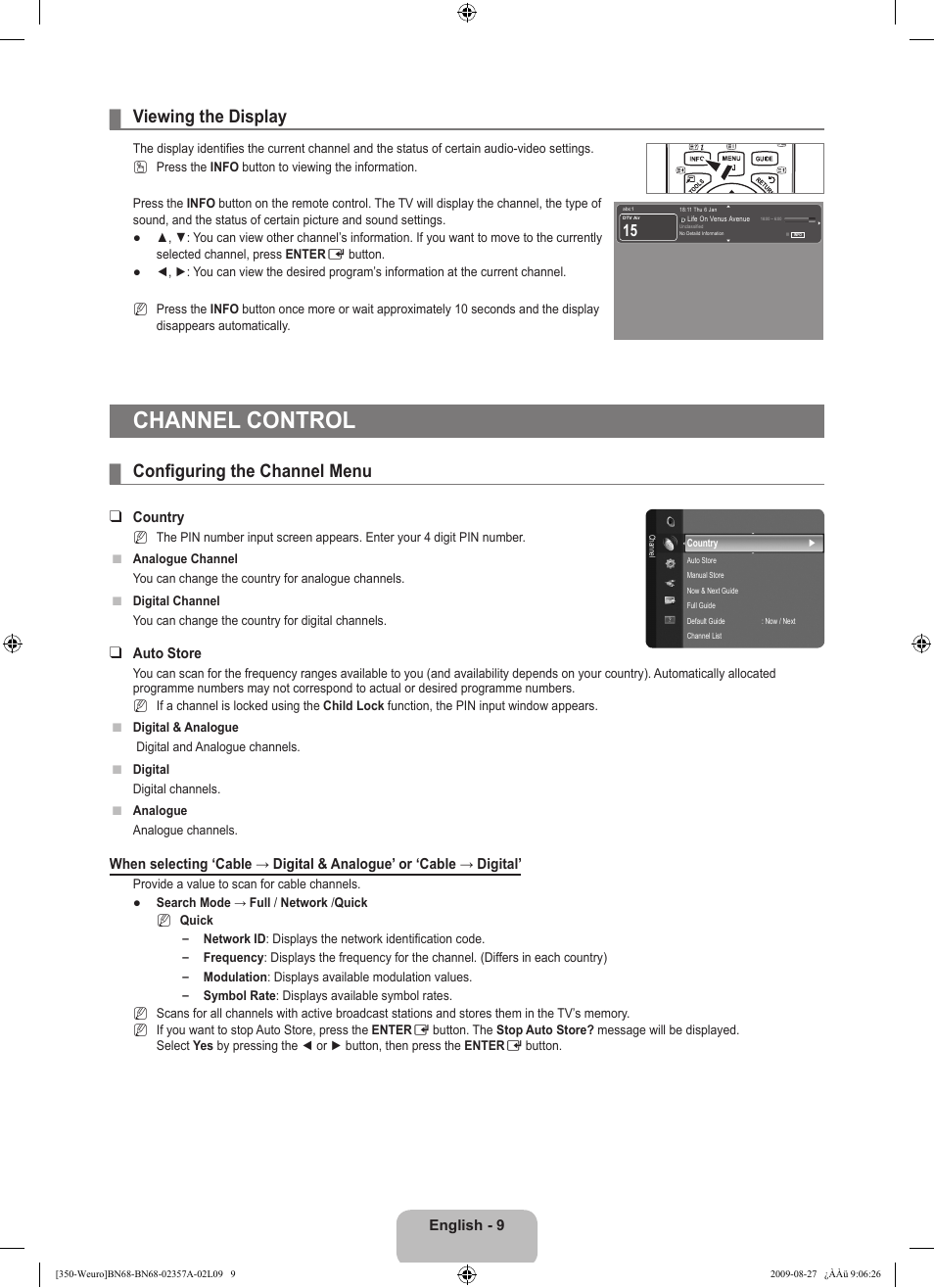 Viewing the display, Channel control, Configuring the channel menu | Samsung LE22B350F2W User Manual | Page 11 / 314