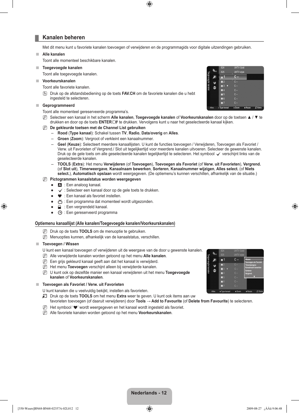 Kanalen beheren, Nederlands - 12 | Samsung LE22B350F2W User Manual | Page 116 / 314