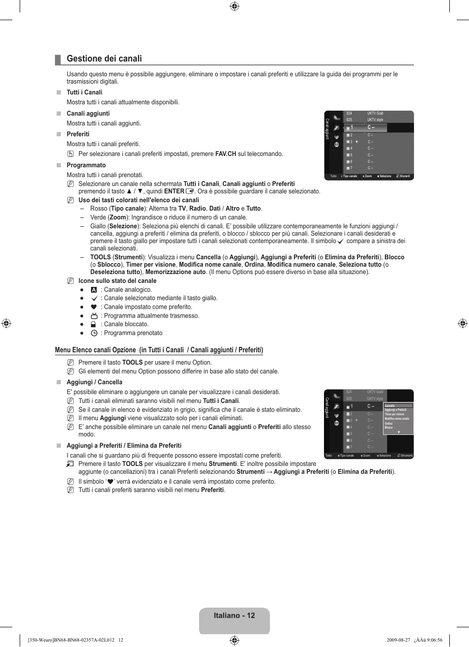 Gestione dei canali, Italiano - 12 | Samsung LE22B350F2W User Manual | Page 150 / 314