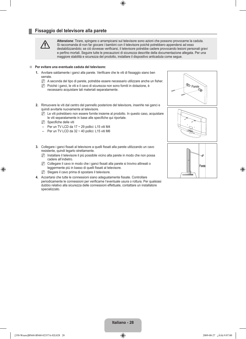 Fissaggio del televisore alla parete | Samsung LE22B350F2W User Manual | Page 166 / 314