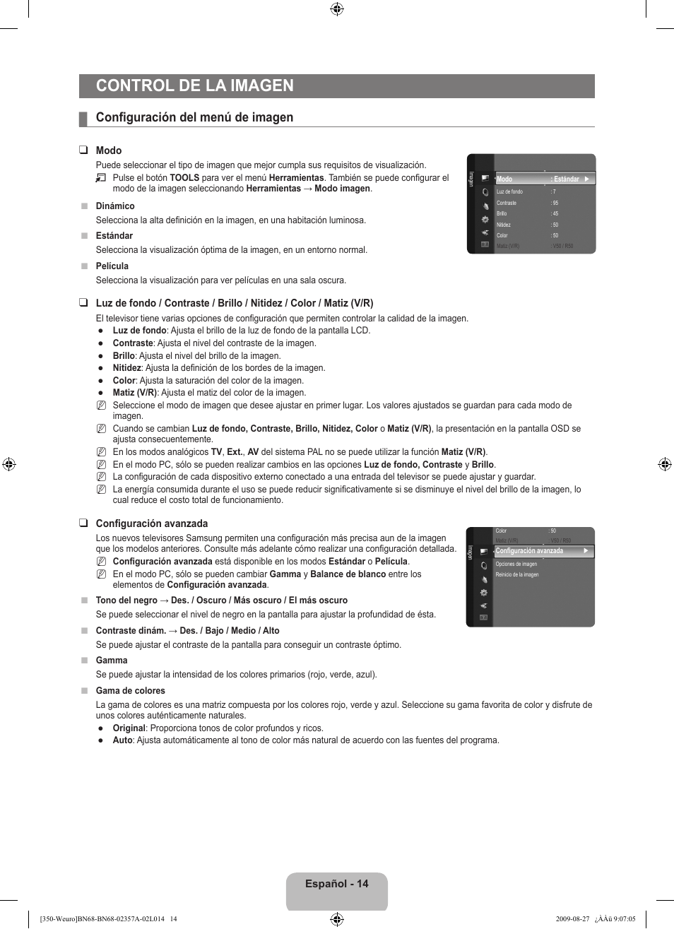 Control de la imagen, Configuración del menú de imagen | Samsung LE22B350F2W User Manual | Page 186 / 314