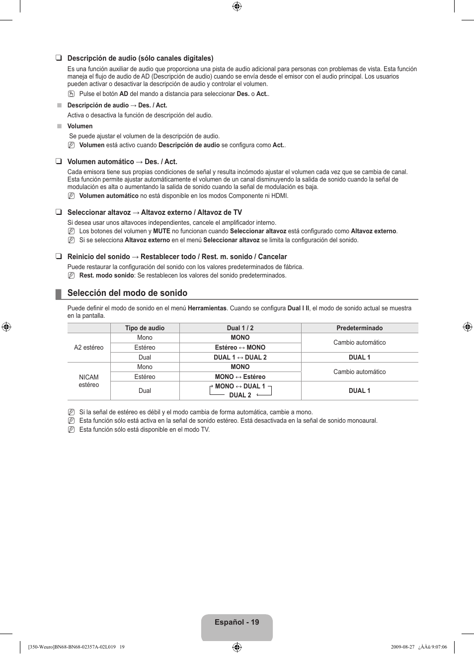 Selección del modo de sonido | Samsung LE22B350F2W User Manual | Page 191 / 314