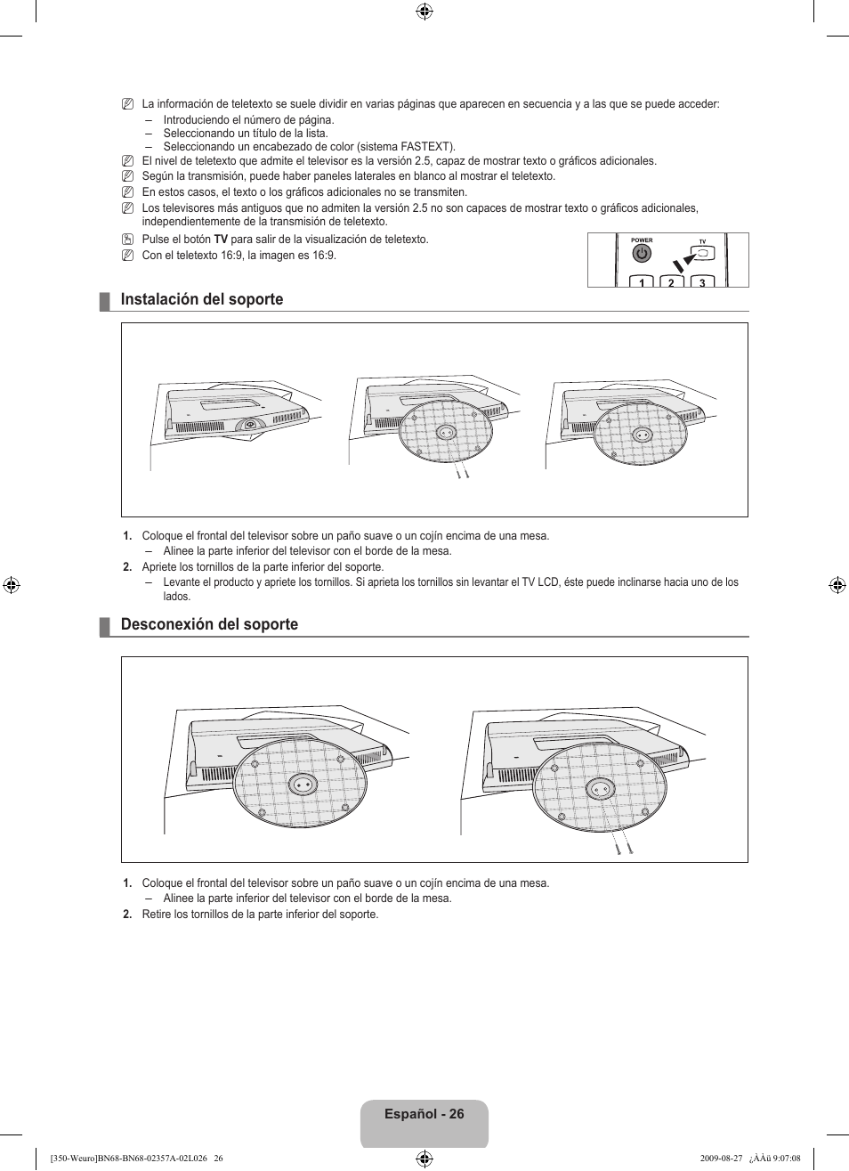 Instalación del soporte, Desconexión del soporte | Samsung LE22B350F2W User Manual | Page 198 / 314