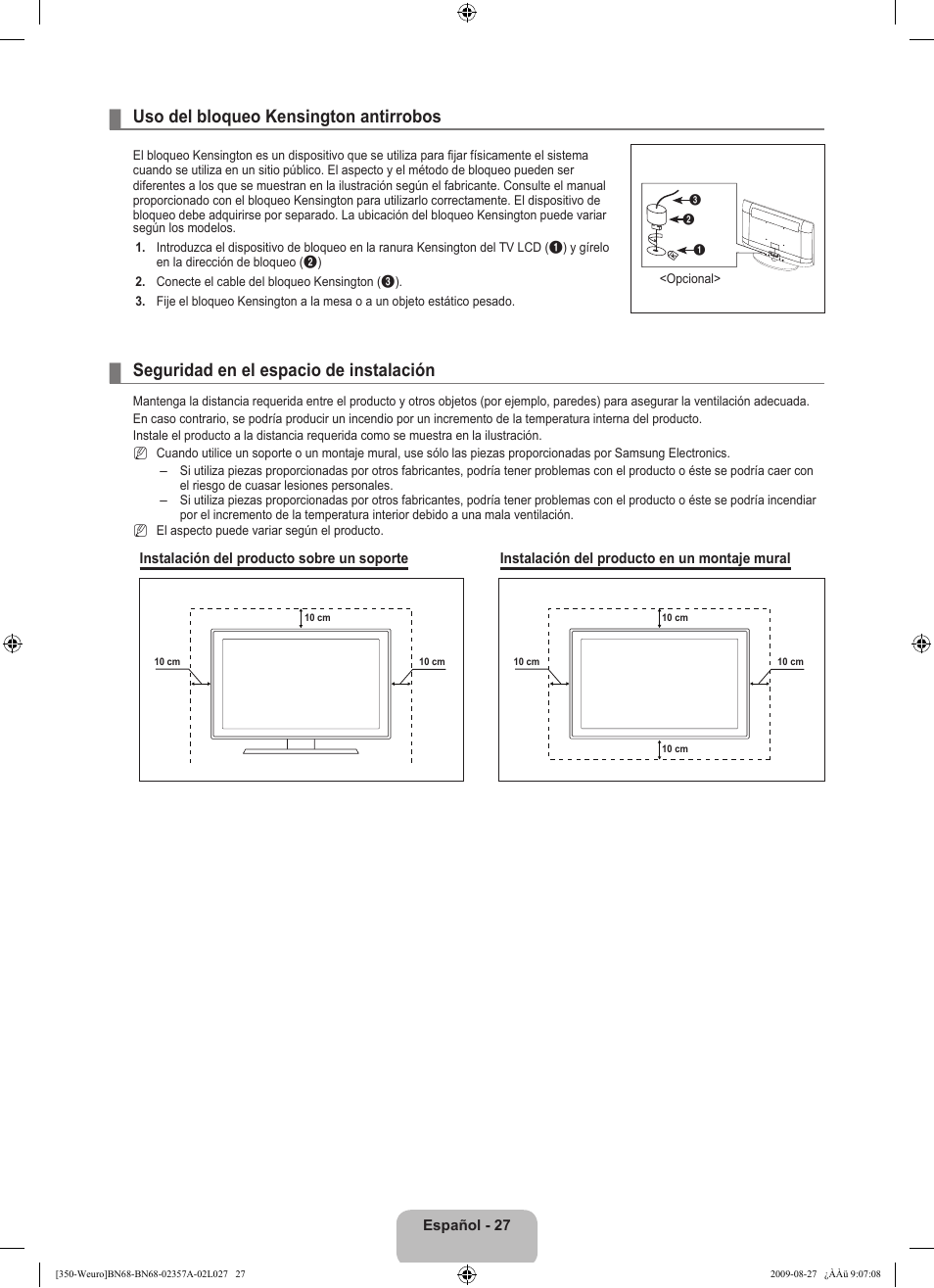 Uso del bloqueo kensington antirrobos, Seguridad en el espacio de instalación | Samsung LE22B350F2W User Manual | Page 199 / 314