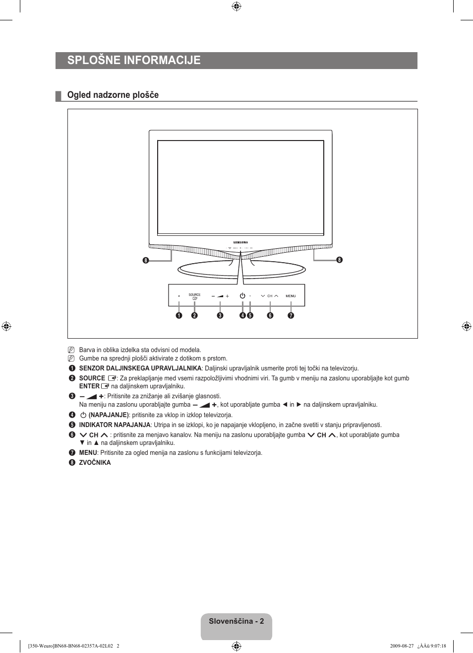 Splošne informacije, Ogled nadzorne plošče | Samsung LE22B350F2W User Manual | Page 242 / 314