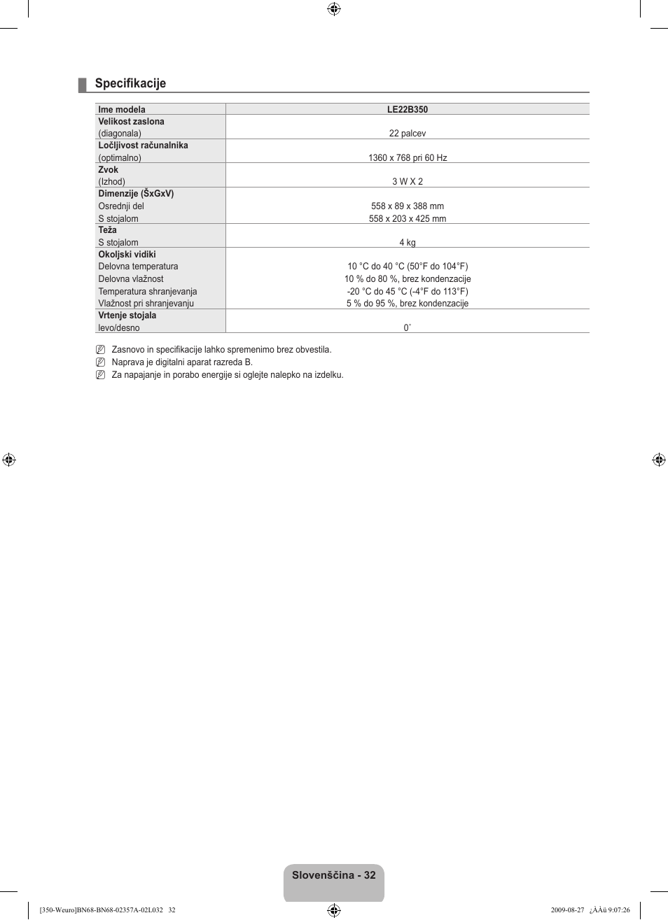 Specifikacije | Samsung LE22B350F2W User Manual | Page 272 / 314