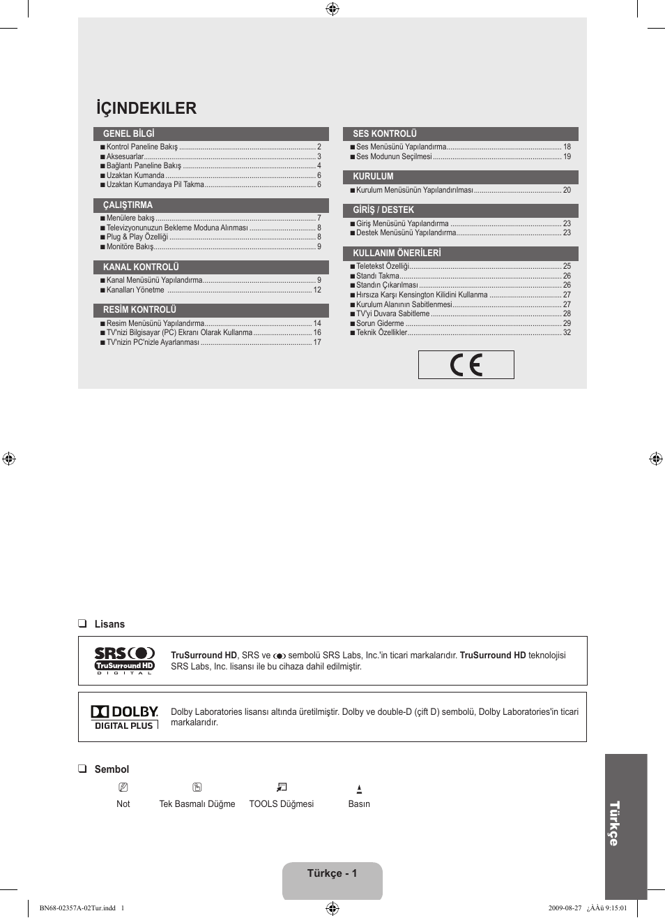Içindekiler, Tür kçe | Samsung LE22B350F2W User Manual | Page 275 / 314