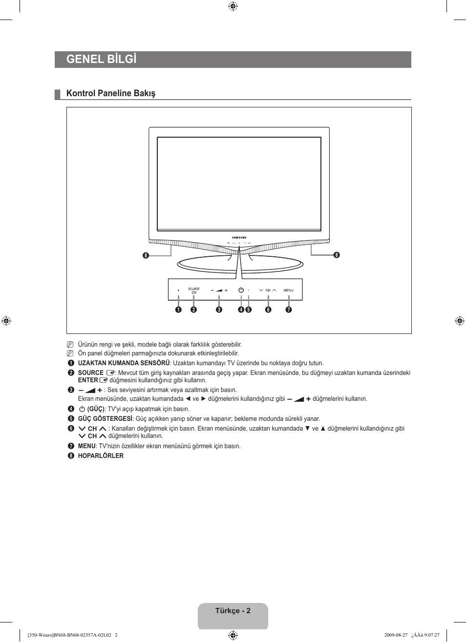 Genel bilgi, Kontrol paneline bakış | Samsung LE22B350F2W User Manual | Page 276 / 314