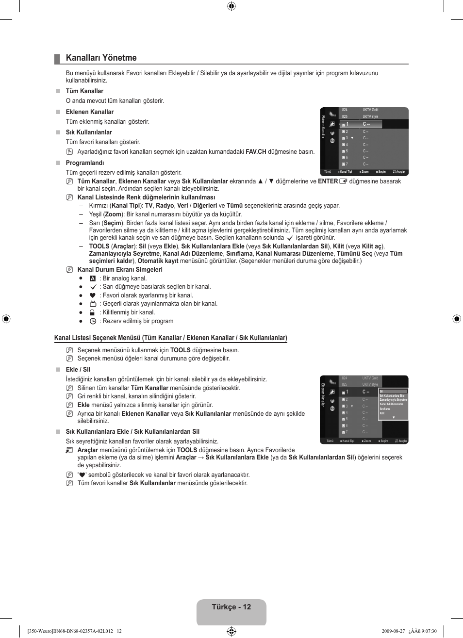 Kanalları yönetme, Türkçe - 12 | Samsung LE22B350F2W User Manual | Page 286 / 314