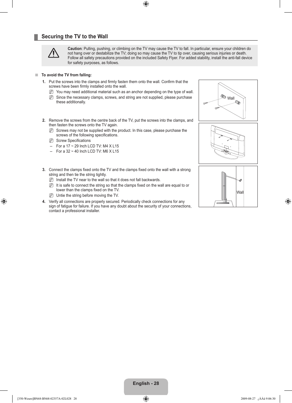 Securing the tv to the wall | Samsung LE22B350F2W User Manual | Page 30 / 314