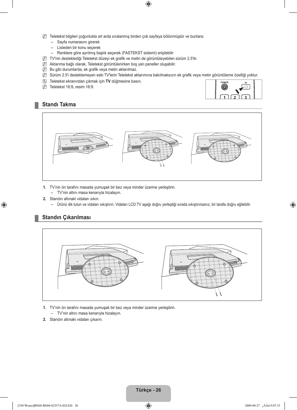 Standı takma, Standın çıkarılması | Samsung LE22B350F2W User Manual | Page 300 / 314