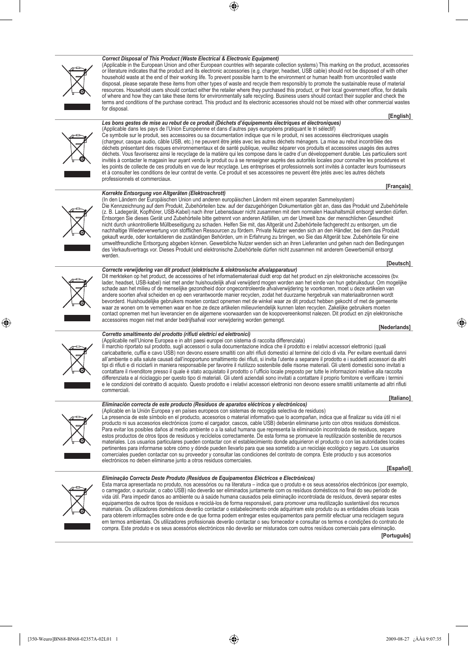 Weee | Samsung LE22B350F2W User Manual | Page 308 / 314