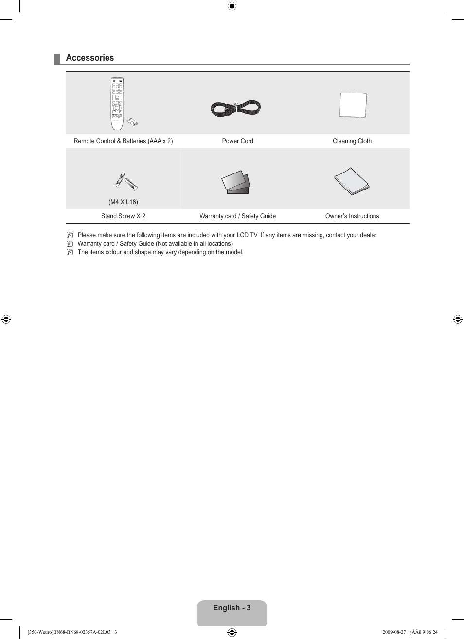 Accessories | Samsung LE22B350F2W User Manual | Page 5 / 314