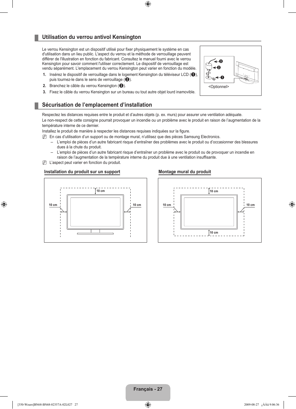 Utilisation du verrou antivol kensington, Sécurisation de l’emplacement d’installation | Samsung LE22B350F2W User Manual | Page 63 / 314