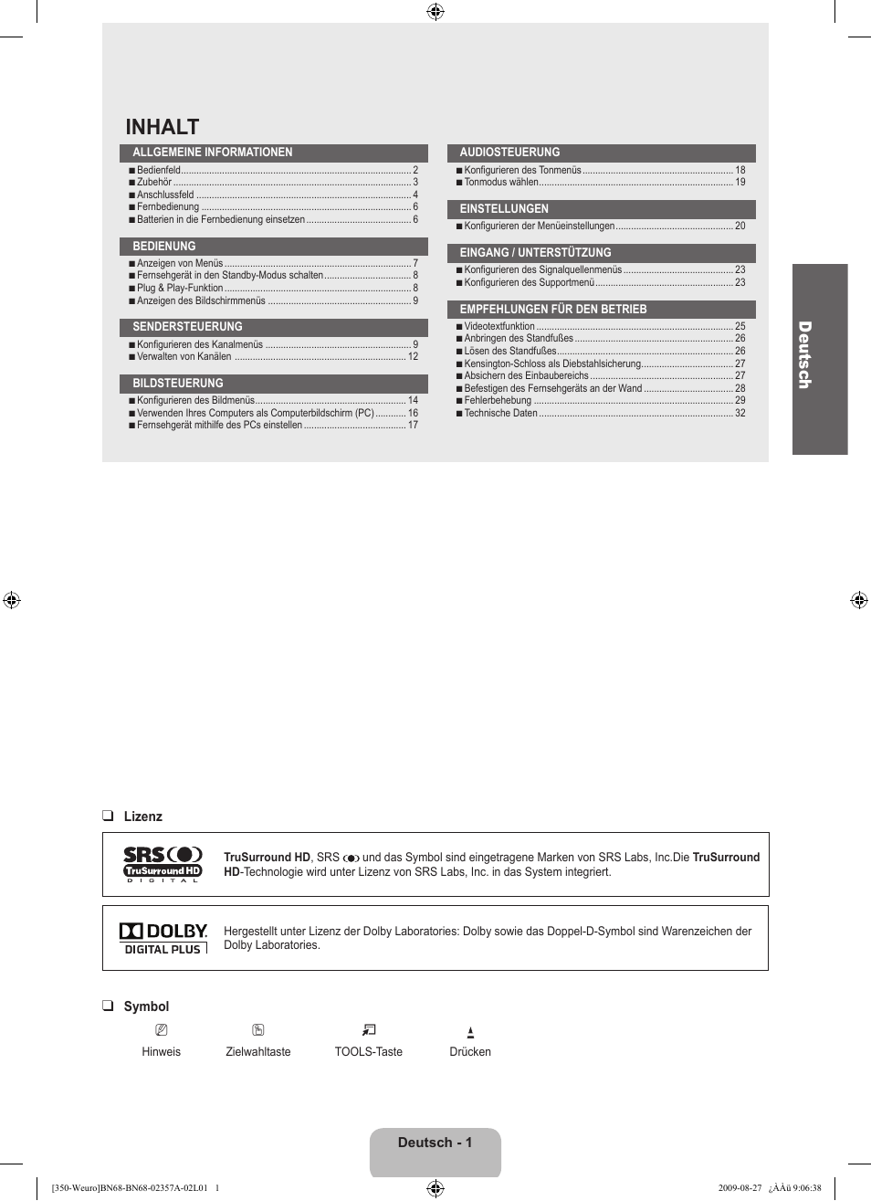 Inhalt, Deutsc h | Samsung LE22B350F2W User Manual | Page 71 / 314
