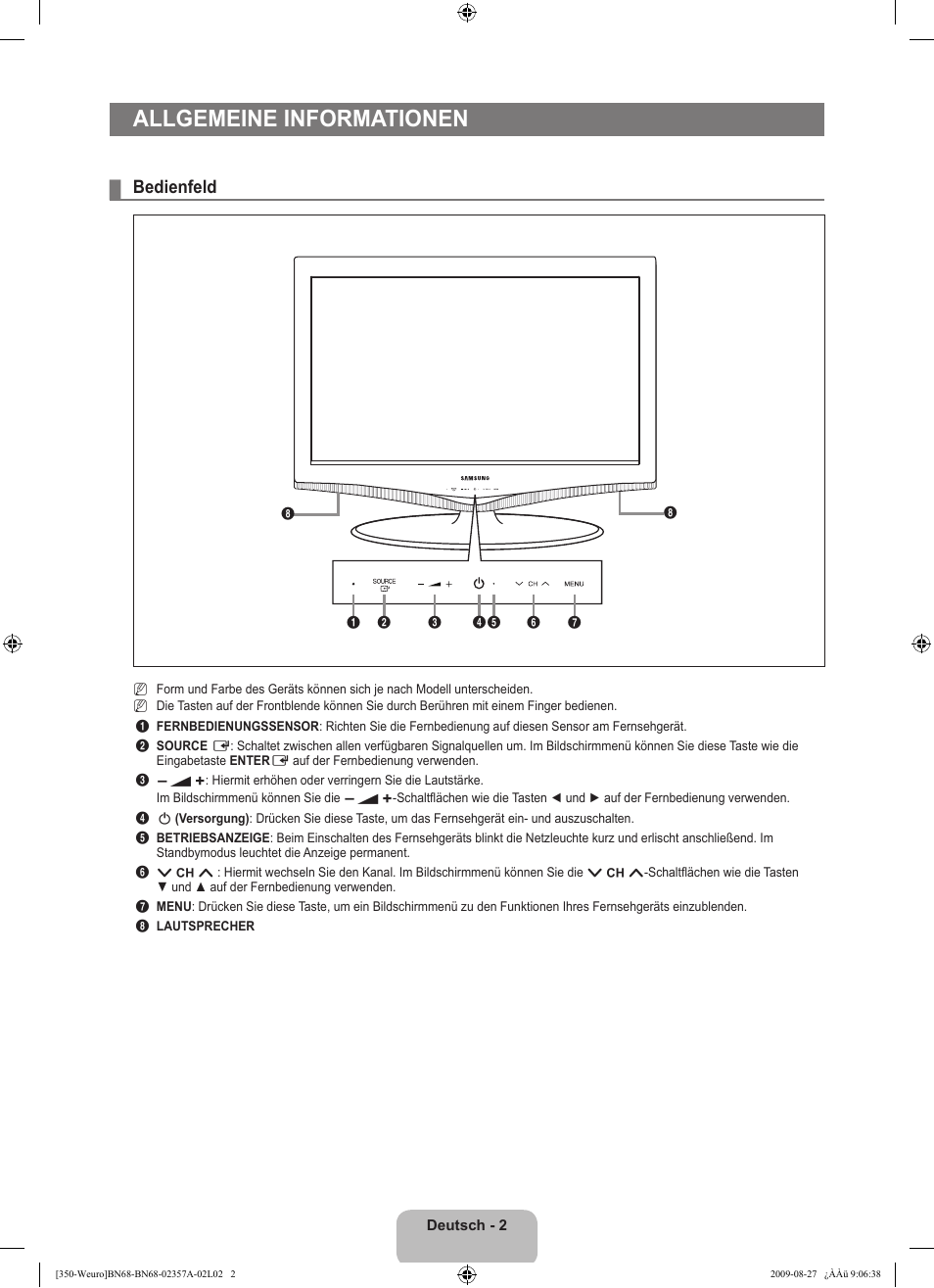 Allgemeine informationen, Bedienfeld | Samsung LE22B350F2W User Manual | Page 72 / 314