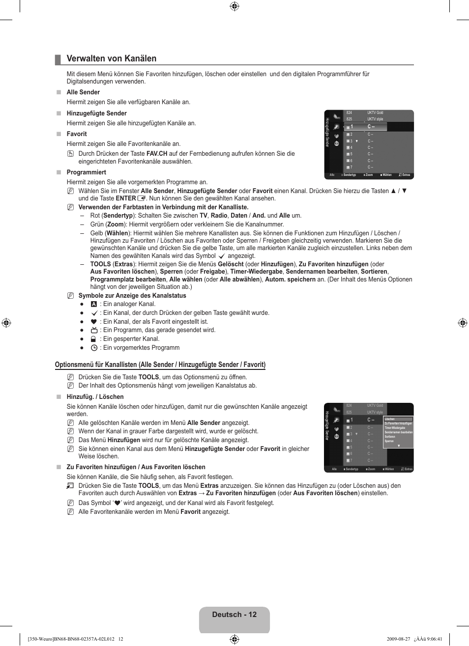 Verwalten von kanälen, Deutsch - 12 | Samsung LE22B350F2W User Manual | Page 82 / 314