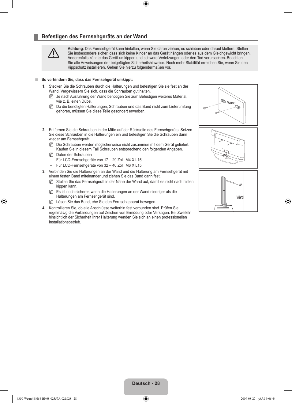 Befestigen des fernsehgeräts an der wand | Samsung LE22B350F2W User Manual | Page 98 / 314