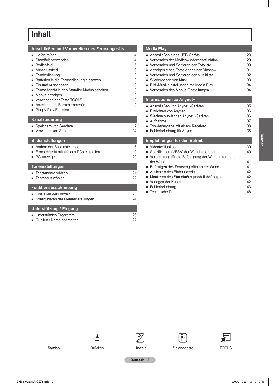 No t, Inhalt | Samsung PS50B551T3W User Manual | Page 102 / 419